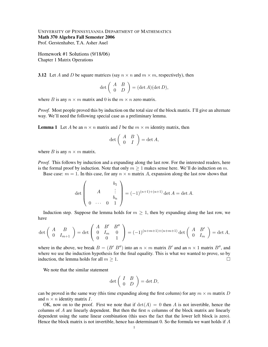 Homework #1 Solutions (9/18/06) Chapter 1 Matrix Operations