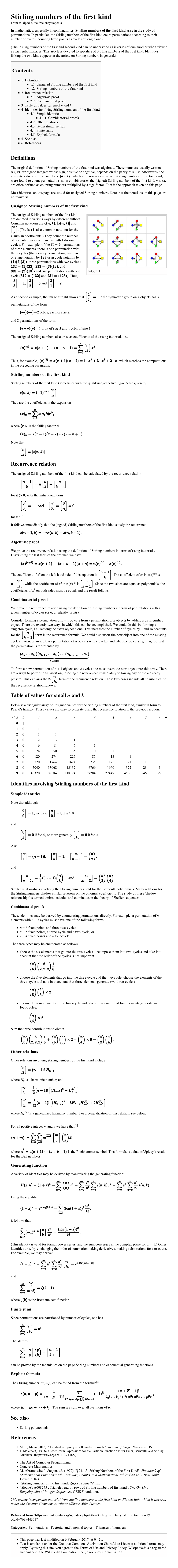 Unsigned Stirling Numbers of the First Kind Stirling Numbers of the First