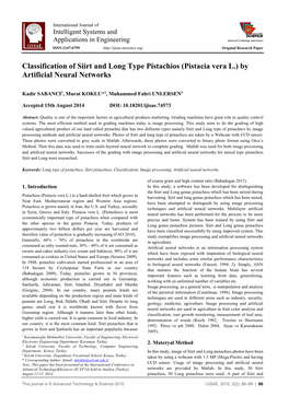 Classification of Siirt and Long Type Pistachios (Pistacia Vera L.) by Artificial Neural Networks
