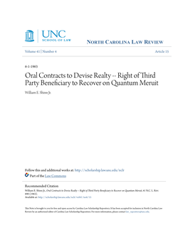 Oral Contracts to Devise Realty -- Right of Third Party Beneficiary to Recover on Quantum Meruit William E