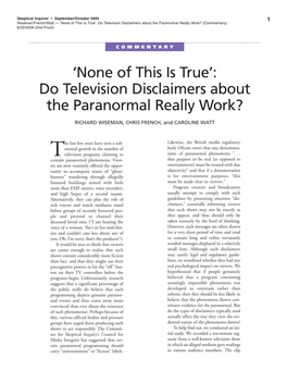 Do Television Disclaimers About the Paranormal Really Work? (Commentary) 6/22/2009 (2Nd Proof)