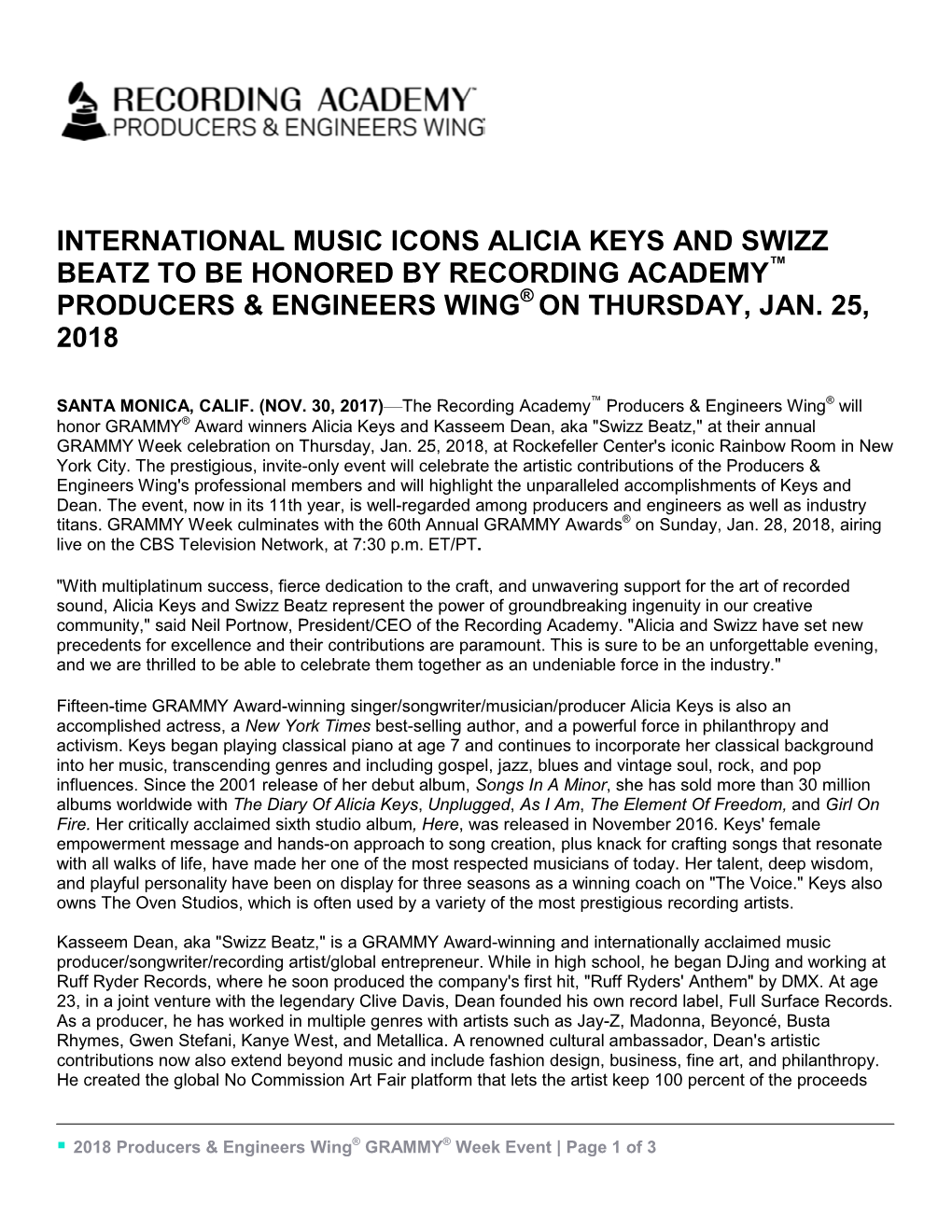International Music Icons Alicia Keys and Swizz Beatz to Be Honored by Recording Academy Producers & Engineers Wing on Thurs