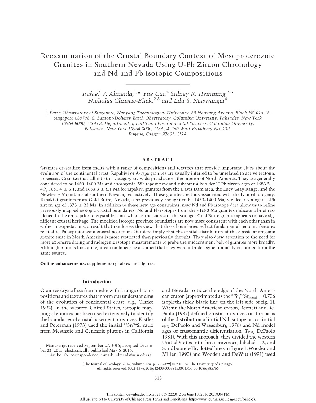 Reexamination of the Crustal Boundary Context of Mesoproterozoic Granites in Southern Nevada Using U-Pb Zircon Chronology and Nd and Pb Isotopic Compositions