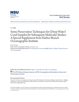 Some Preservation Techniques for (Deep Water) Coral Samples for Subsequent Molecular Studies: a Special Supplement from Harbor Branch Oceanographic Institute Jose V