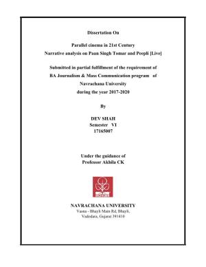 Dissertation on Parallel Cinema in 21St Century Narrative Analysis on Paan Singh Tomar and Peepli [Live] Submitted in Partial Fu