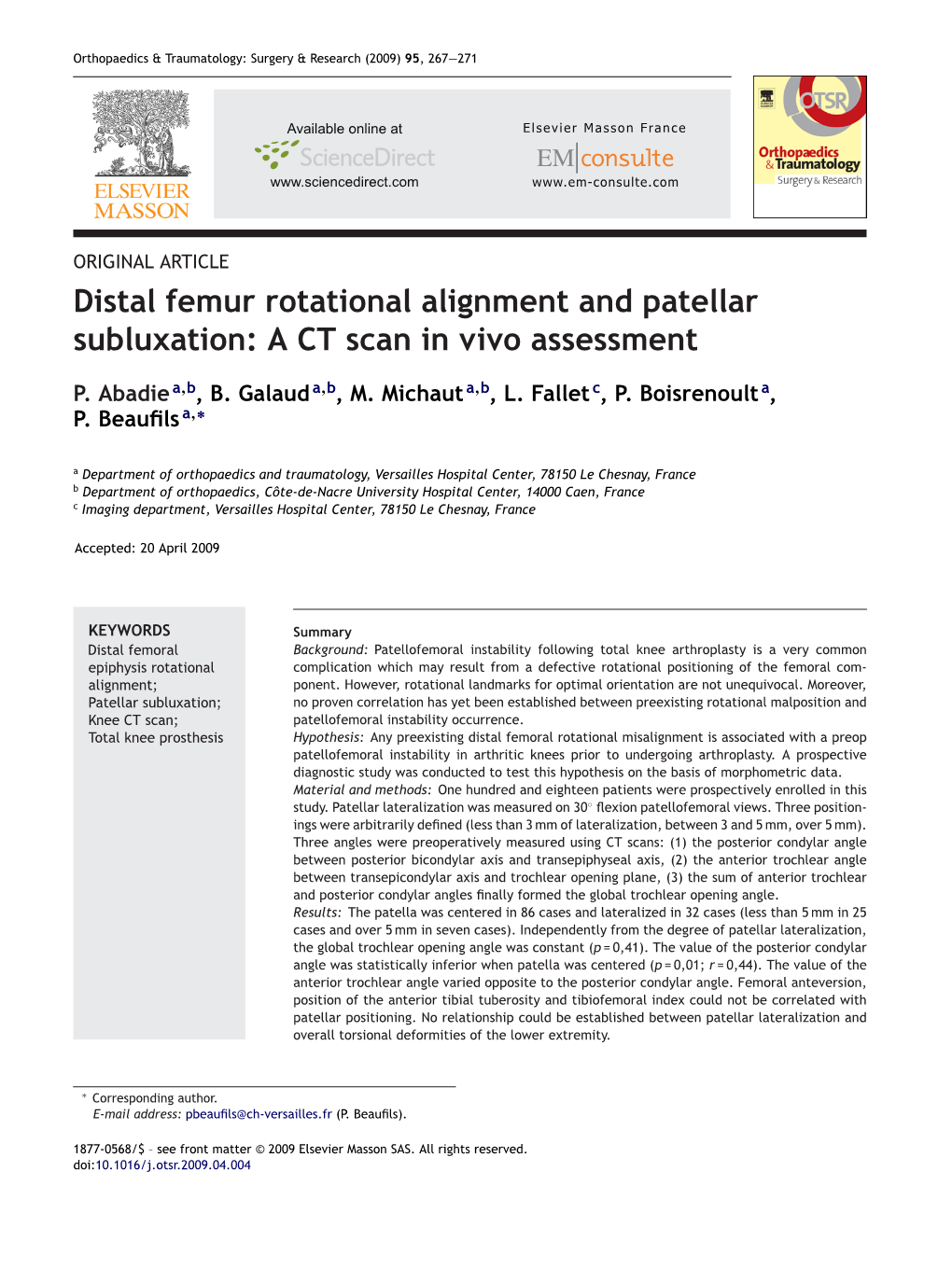 Distal Femur Rotational Alignment and Patellar Subluxation: a CT Scan in Vivo Assessment