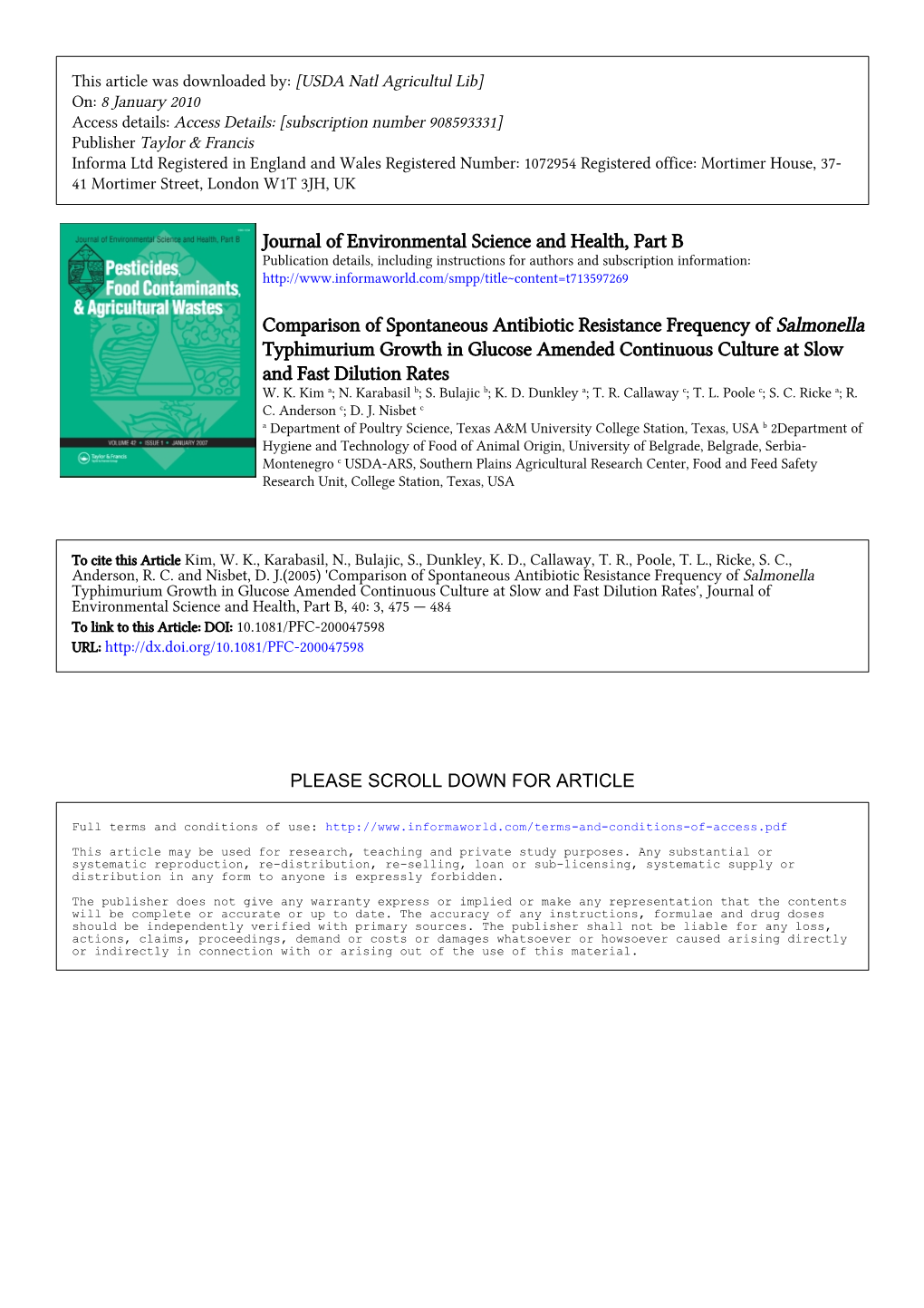 Journal of Environmental Science and Health, Part B Comparison of Spontaneous Antibiotic Resistance Frequency of Salmonella Typh