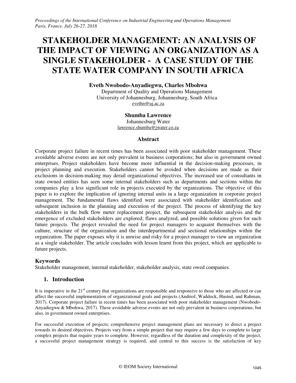 Stakeholder Management: an Analysis of the Impact of Viewing an Organization As a Single Stakeholder - a Case Study of the State Water Company in South Africa