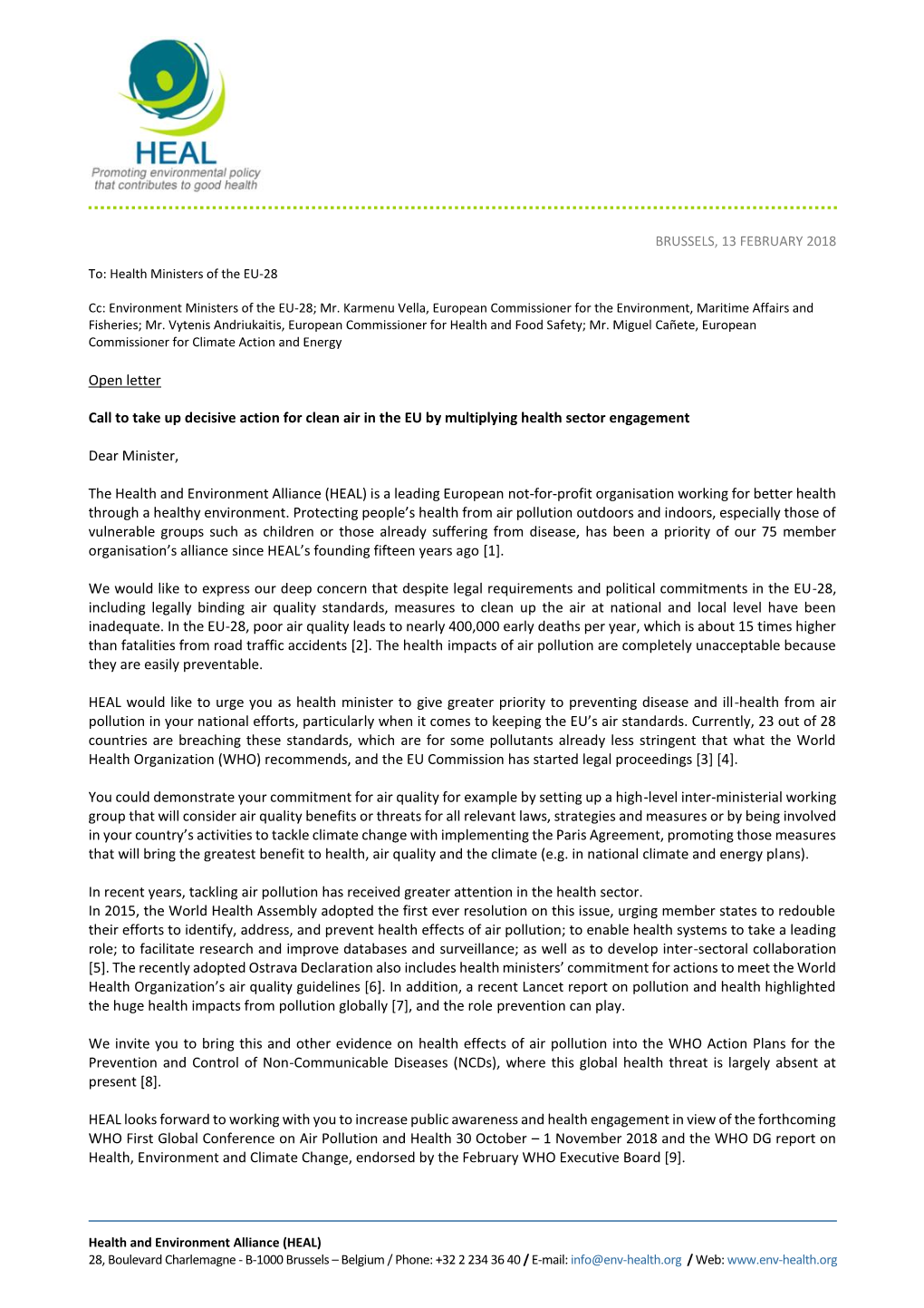 Letter to EU 28 Health Ministers to Take Decisive Action for Clean Air in the EU