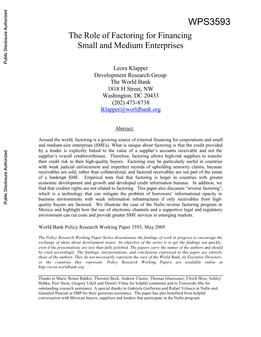 The Role of Factoring for Financing Small and Medium Enterprises