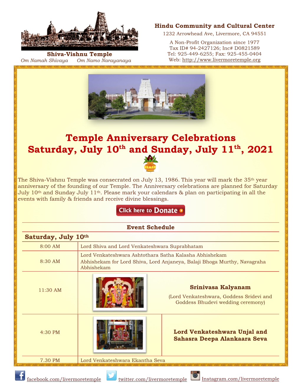 Temple Anniversary Celebrations Saturday, July 10Th and Sunday, July 11Th, 2021