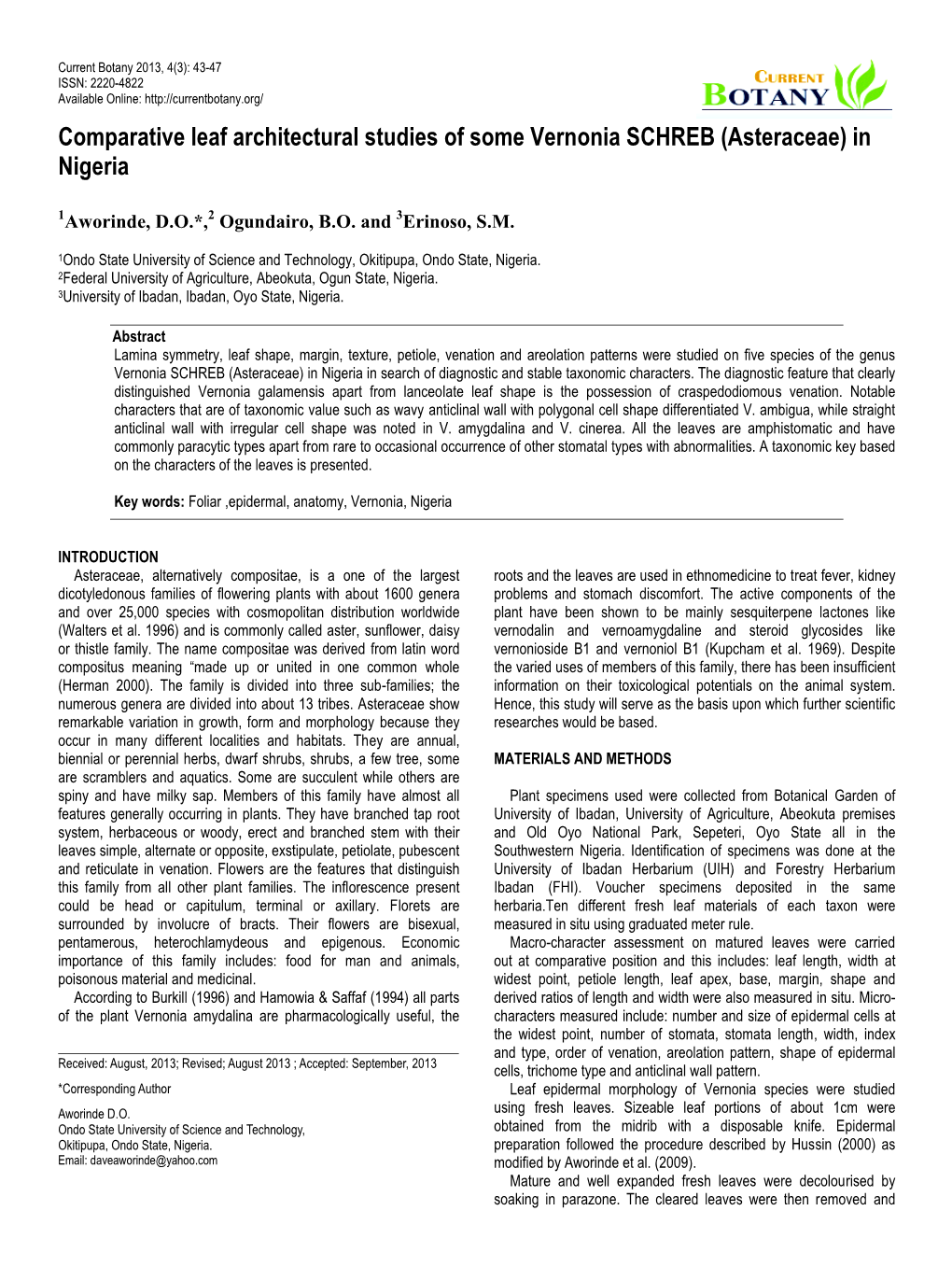 Comparative Leaf Architectural Studies of Some Vernonia SCHREB (Asteraceae) in Nigeria