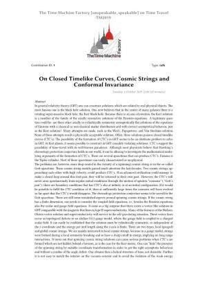 On Closed Timelike Curves, Cosmic Strings and Conformal Invariance Tuesday, 8 October 2019 12:00 (20 Minutes)