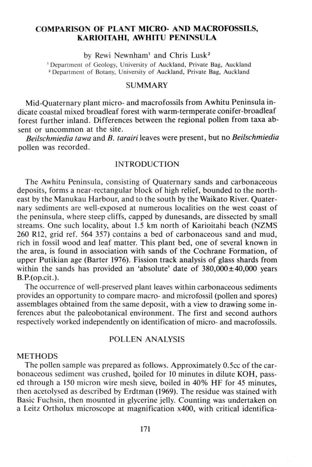 Comparison of Plant Micro- and Macrofossils, Karioitahi, Awhitu Peninsula