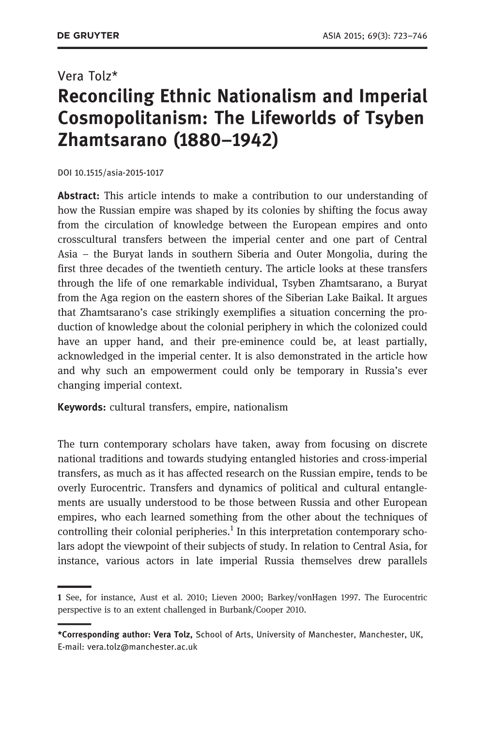 Reconciling Ethnic Nationalism and Imperial Cosmopolitanism: the Lifeworlds of Tsyben Zhamtsarano (1880–1942)