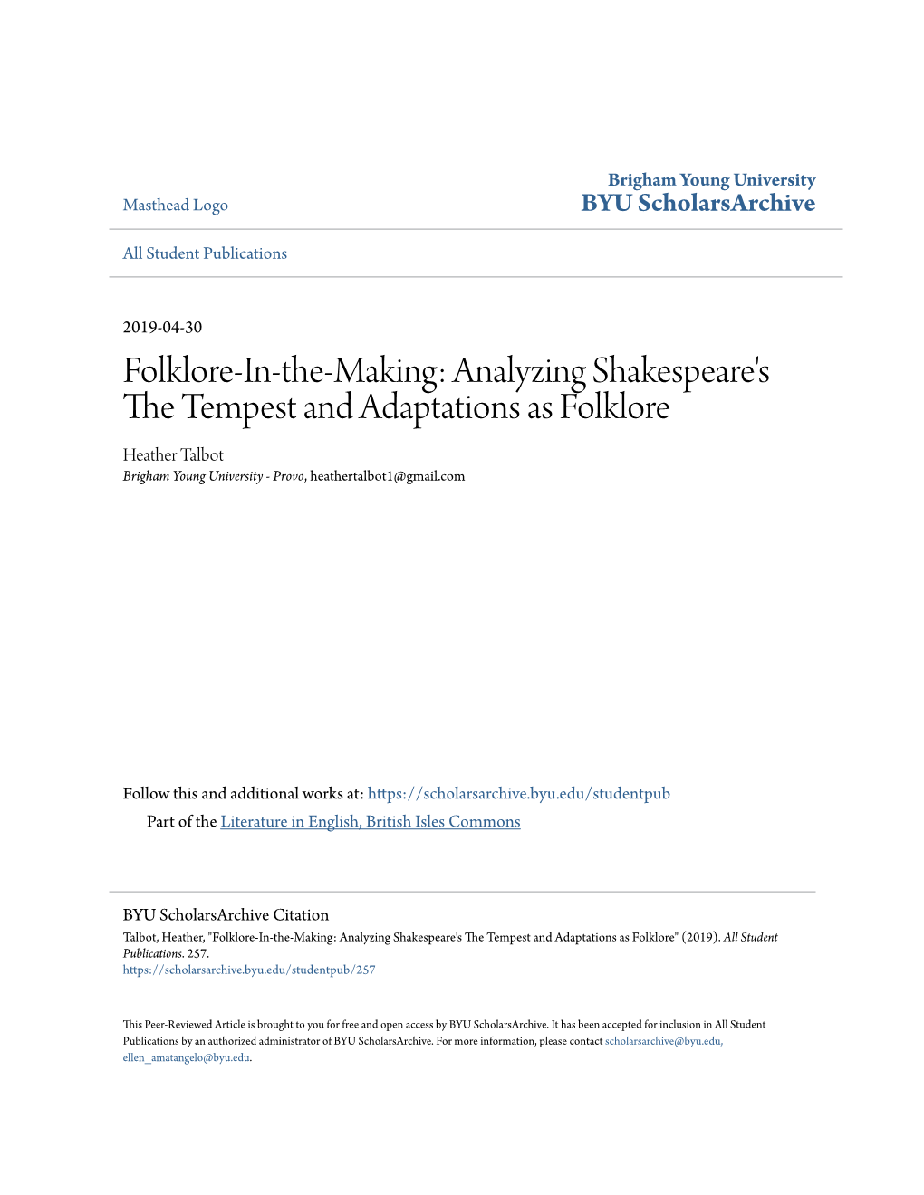 Analyzing Shakespeare's the Tempest and Adaptations As Folklore