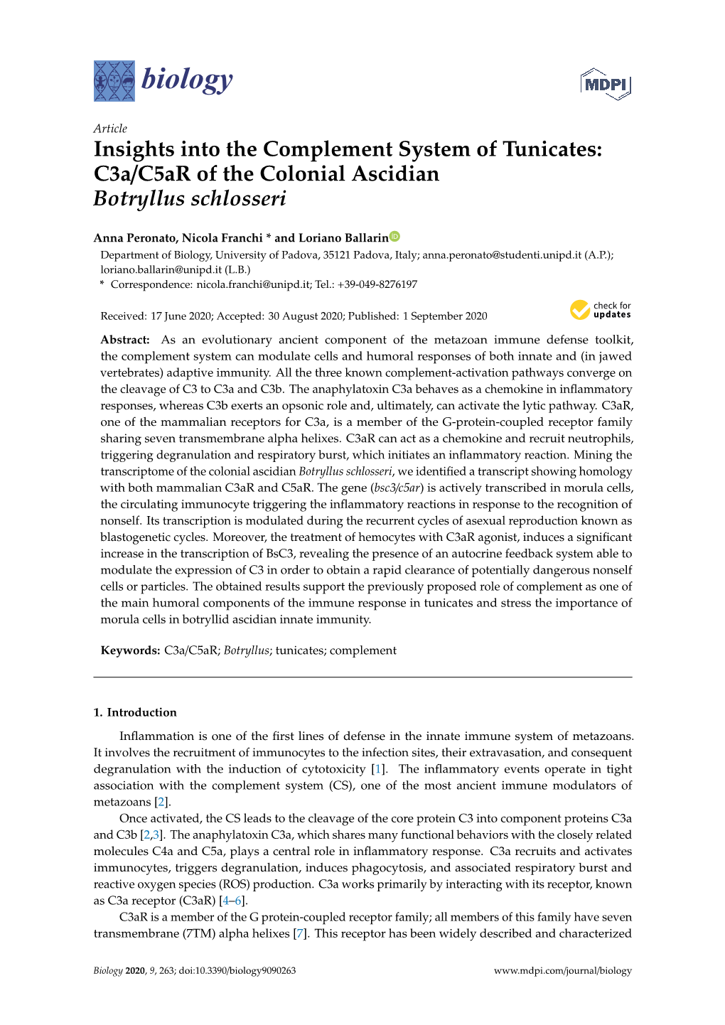 C3a/C5ar of the Colonial Ascidian Botryllus Schlosseri
