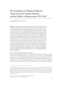 The Unmaking of a Modern Synthesis: Noam Chomsky, Charles Hockett, and the Politics of Behaviorism, 1955–1965