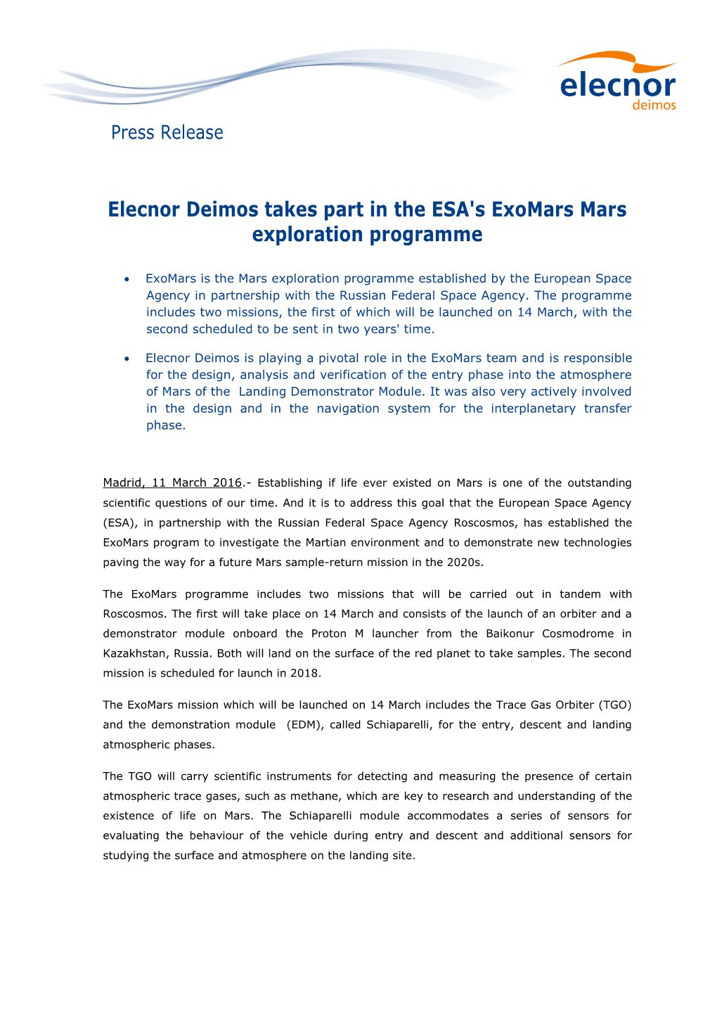 Elecnor Deimos Takes Part in the ESA's Exomars Mars Exploration Programme