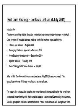 Hull Core Strategy - Contacts List (As at July 2011)