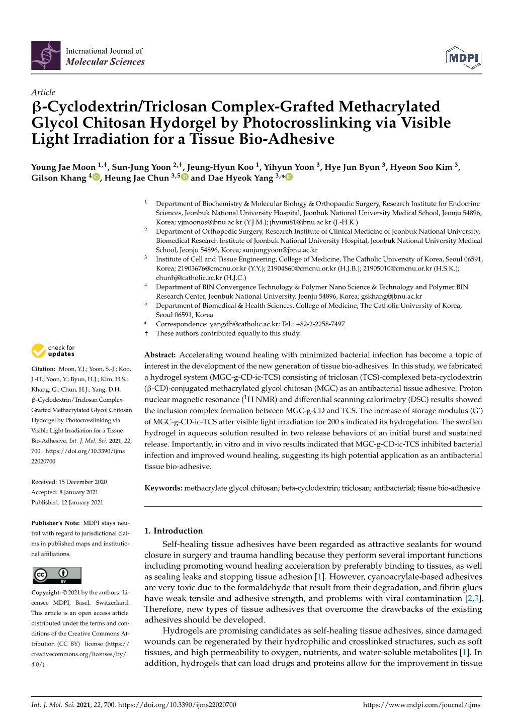 Cyclodextrin/Triclosan Complex-Grafted Methacrylated Glycol Chitosan Hydorgel by Photocrosslinking Via Visible Light Irradiation for a Tissue Bio-Adhesive