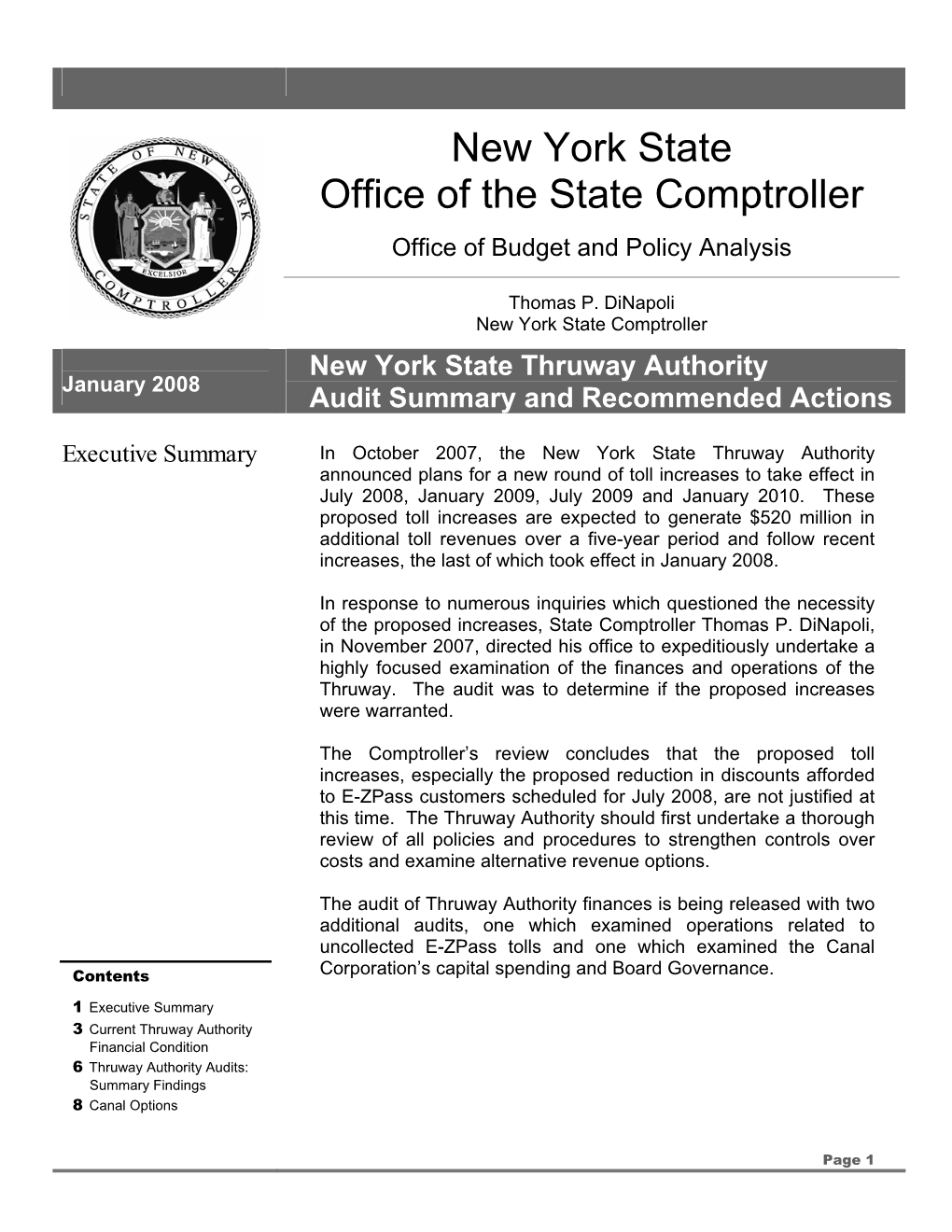 New York State Thruway Authority Audit Summary and Recommended