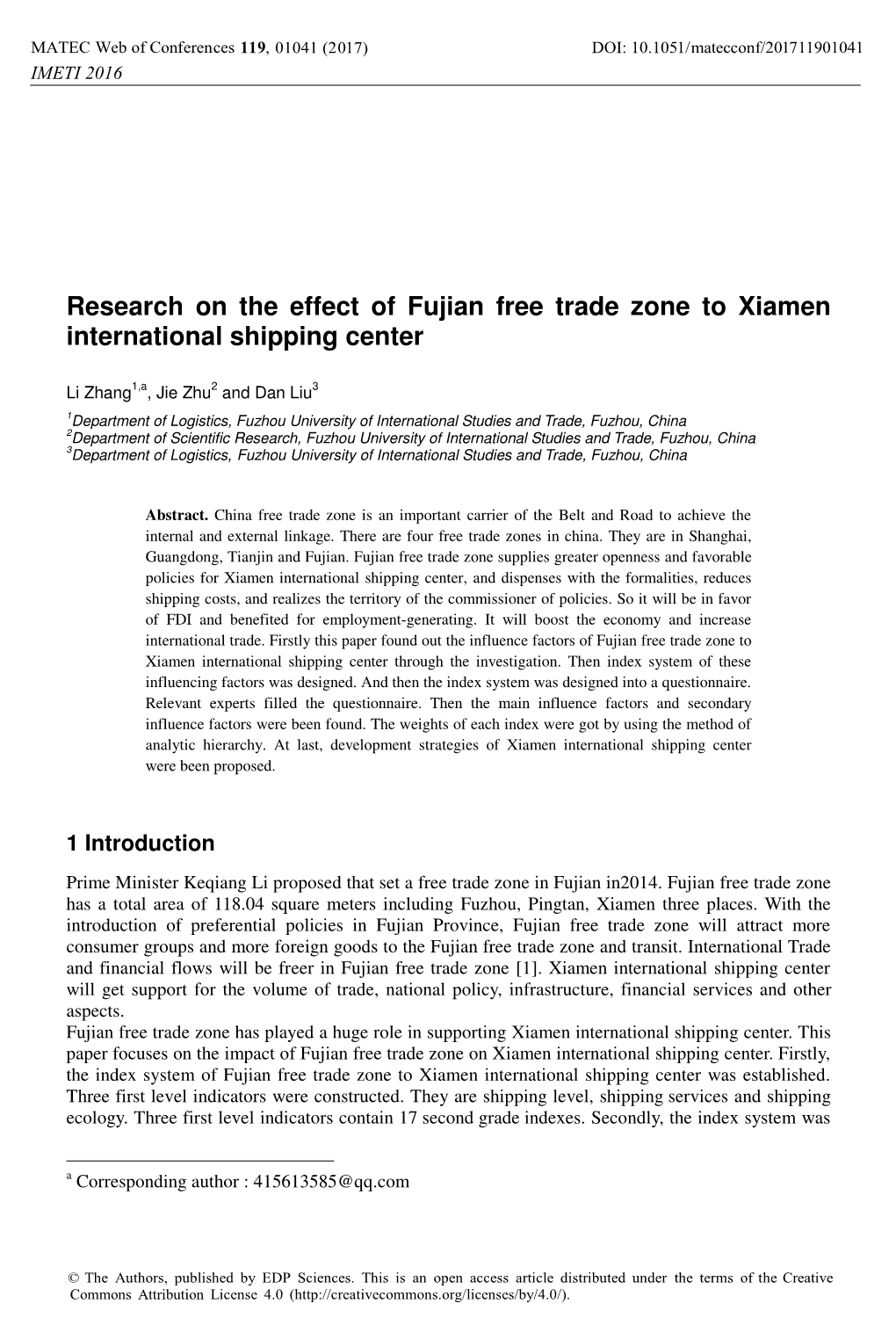 Research on the Effect of Fujian Free Trade Zone to Xiamen International Shipping Center