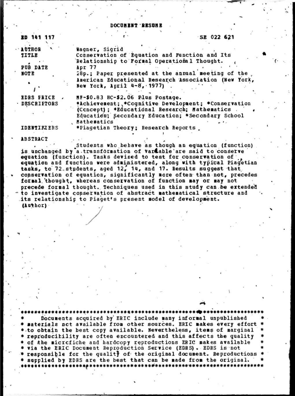 Conservation of Equation and Function and Its Relationship to Formal Operational Thought