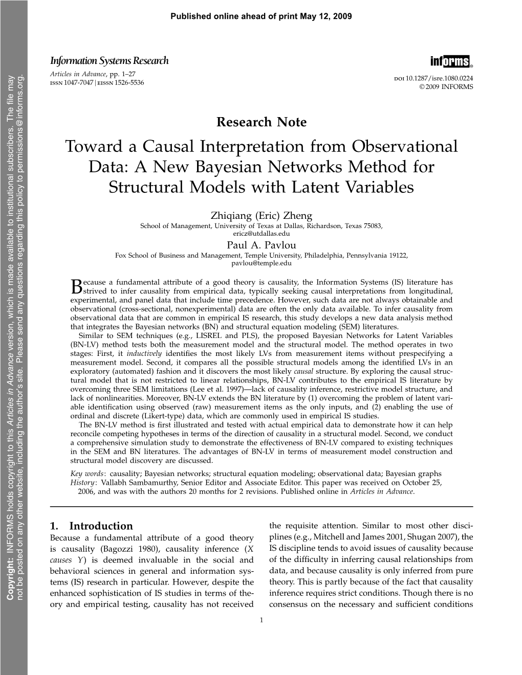 Toward a Causal Interpretation from Observational Data: a New Bayesian Networks Method for Structural Models with Latent Variabl
