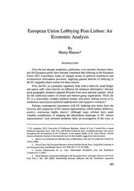 European Union Lobbying Post-Lisbon: an Economic Analysis