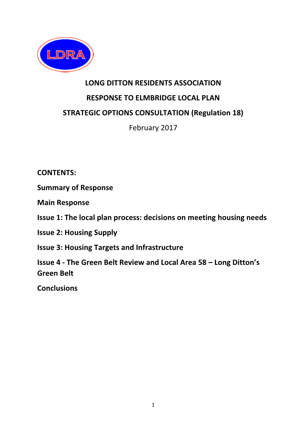 LONG DITTON RESIDENTS ASSOCIATION RESPONSE to ELMBRIDGE LOCAL PLAN STRATEGIC OPTIONS CONSULTATION (Regulation 18) February 2017