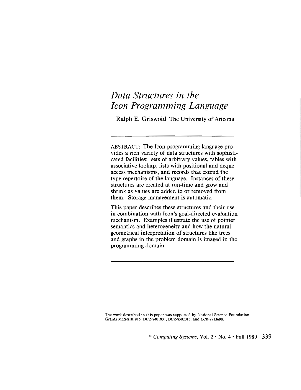 Data Struclures in the Icon Programming Language