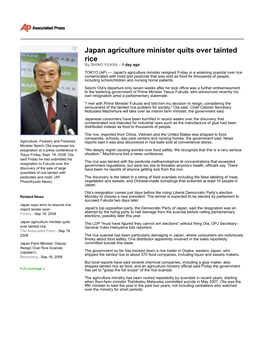 The Associated Press: Japan Agriculture Minister Quits Over