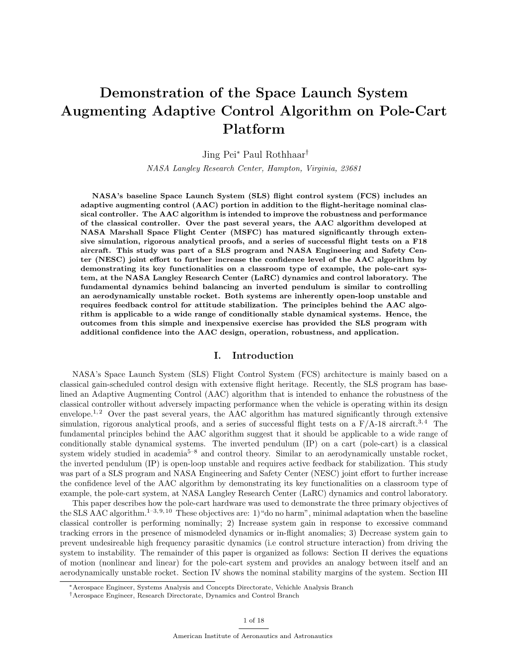 Demonstration of the Space Launch System Augmenting Adaptive Control Algorithm on Pole-Cart Platform