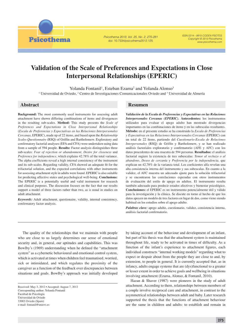 Validation of the Scale of Preferences and Expectations in Close Interpersonal Relationships (EPERIC)