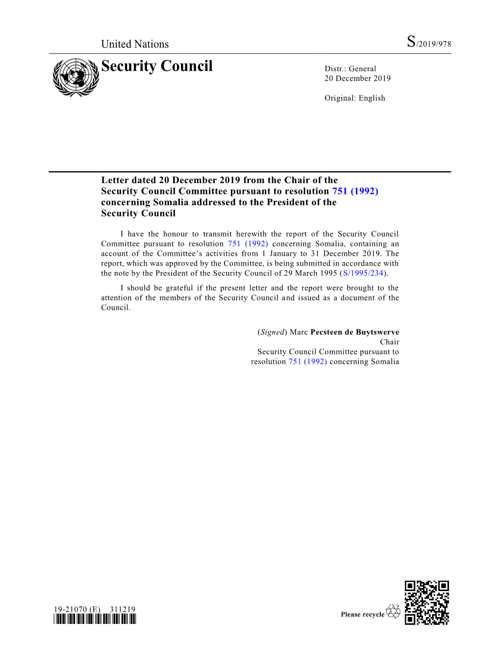 Security Council Distr.: General 20 December 2019