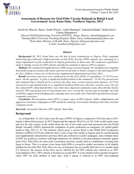 Assessment of Reasons for Oral Polio Vaccine Refusals in Bebeji Local Government Area, Kano State, Northern Nigeria, 2013