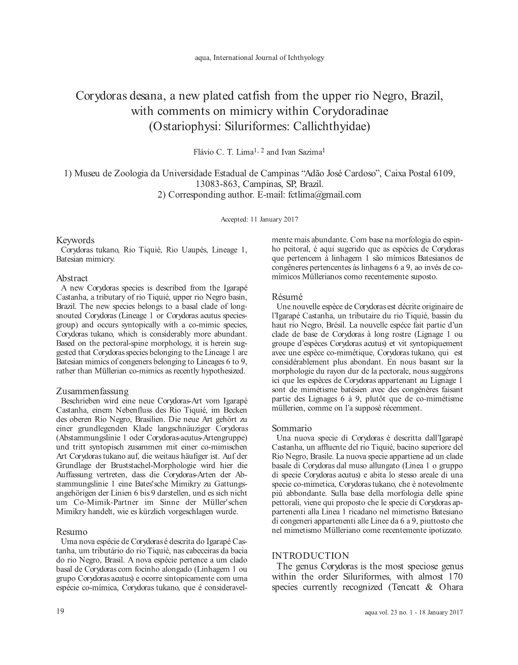 Corydoras Desana, a New Plated Catfish from the Upper Rio Negro, Brazil, with Comments on Mimicry Within Corydoradinae (Ostariophysi: Siluriformes: Callichthyidae)