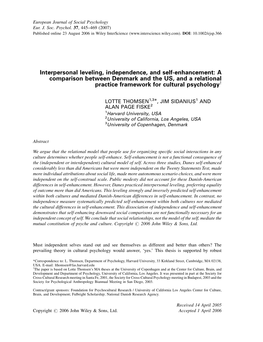 Interpersonal Leveling, Independence, and Self-Enhancement: a Comparison Between Denmark and the US, and a Relational Practice Framework for Cultural Psychologyy
