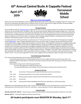 April 27Th, 2019 Tamanend Middle School 10Th Annual Central Bucks