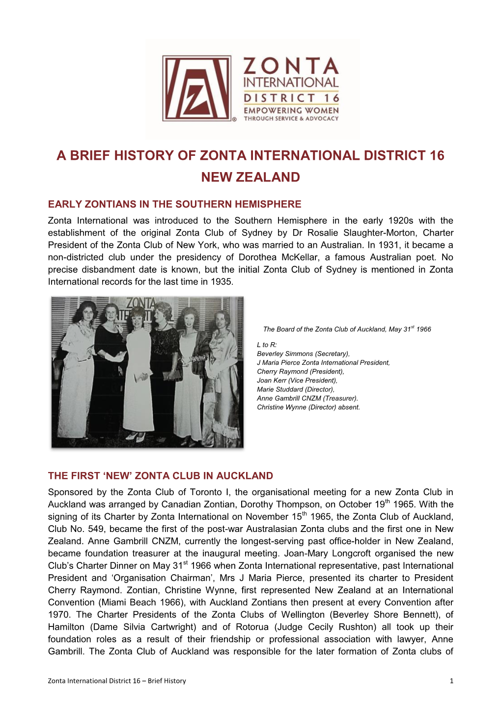 A Brief History of Zonta International District 16 New Zealand