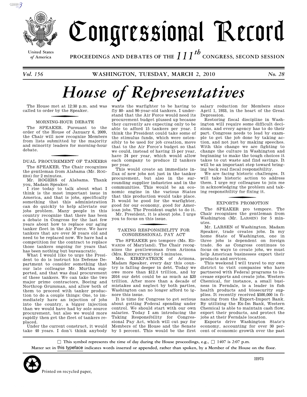 Congressional Record United States Th of America PROCEEDINGS and DEBATES of the 111 CONGRESS, SECOND SESSION