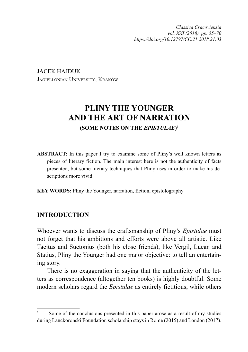Pliny the Younger and the Art of Narration (Some Notes on the Epistulae)1