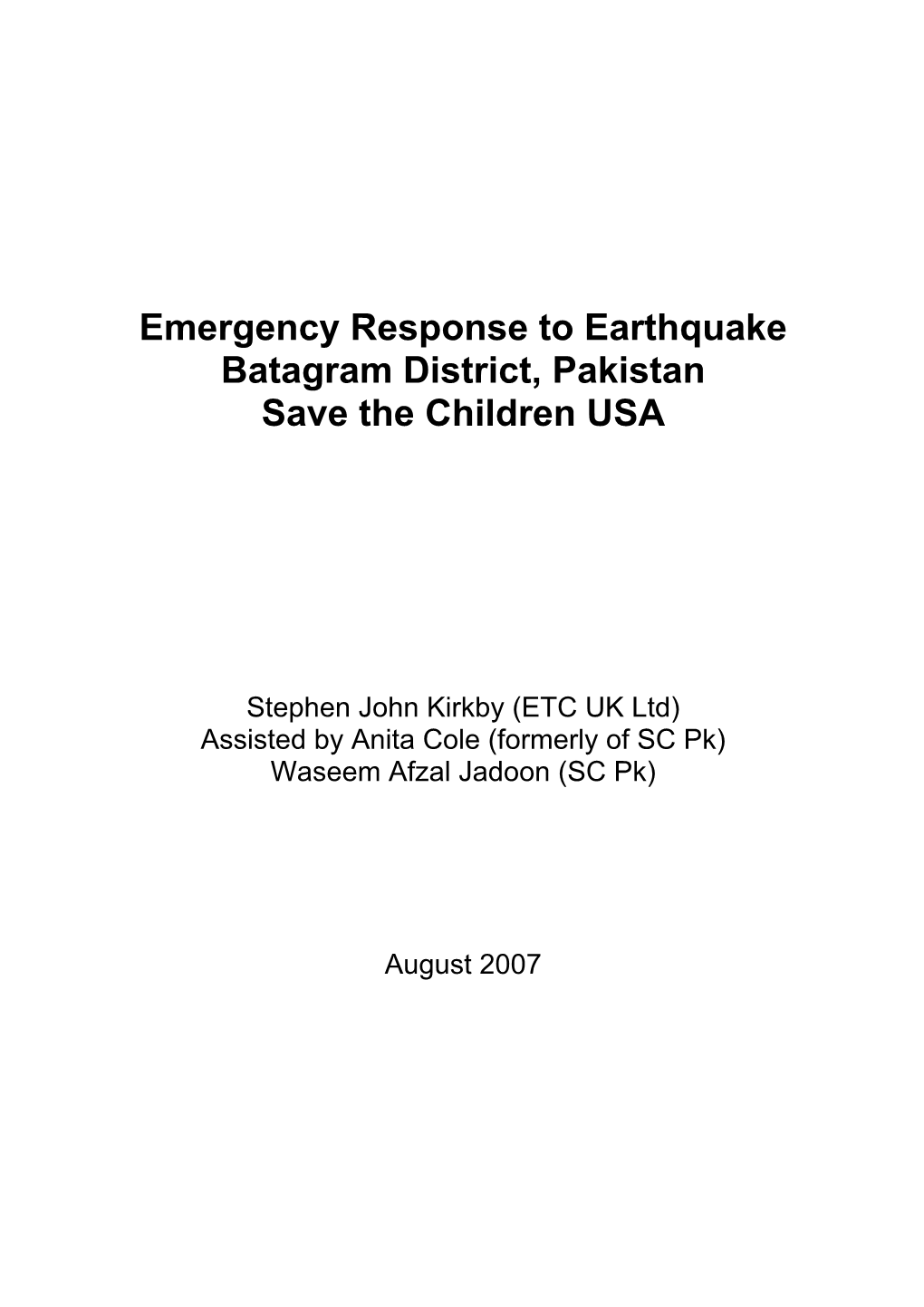 Emergency Response to Earthquake Batagram District, Pakistan Save the Children USA