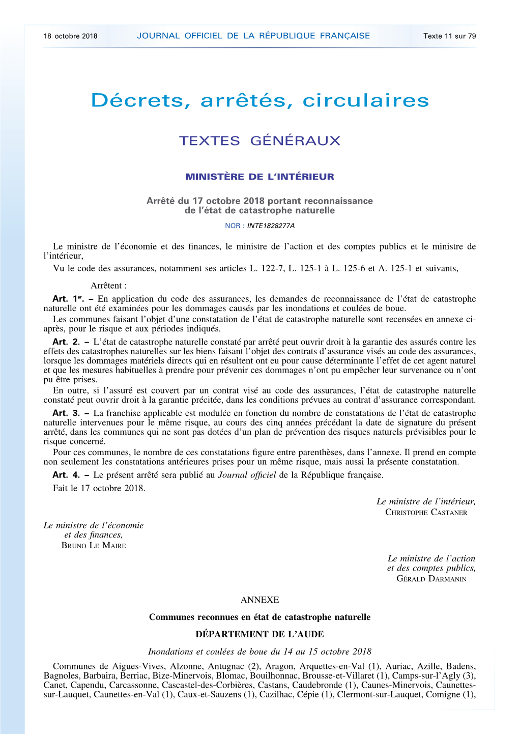 JOURNAL OFFICIEL DE LA RÉPUBLIQUE FRANÇAISE Texte 11 Sur 79