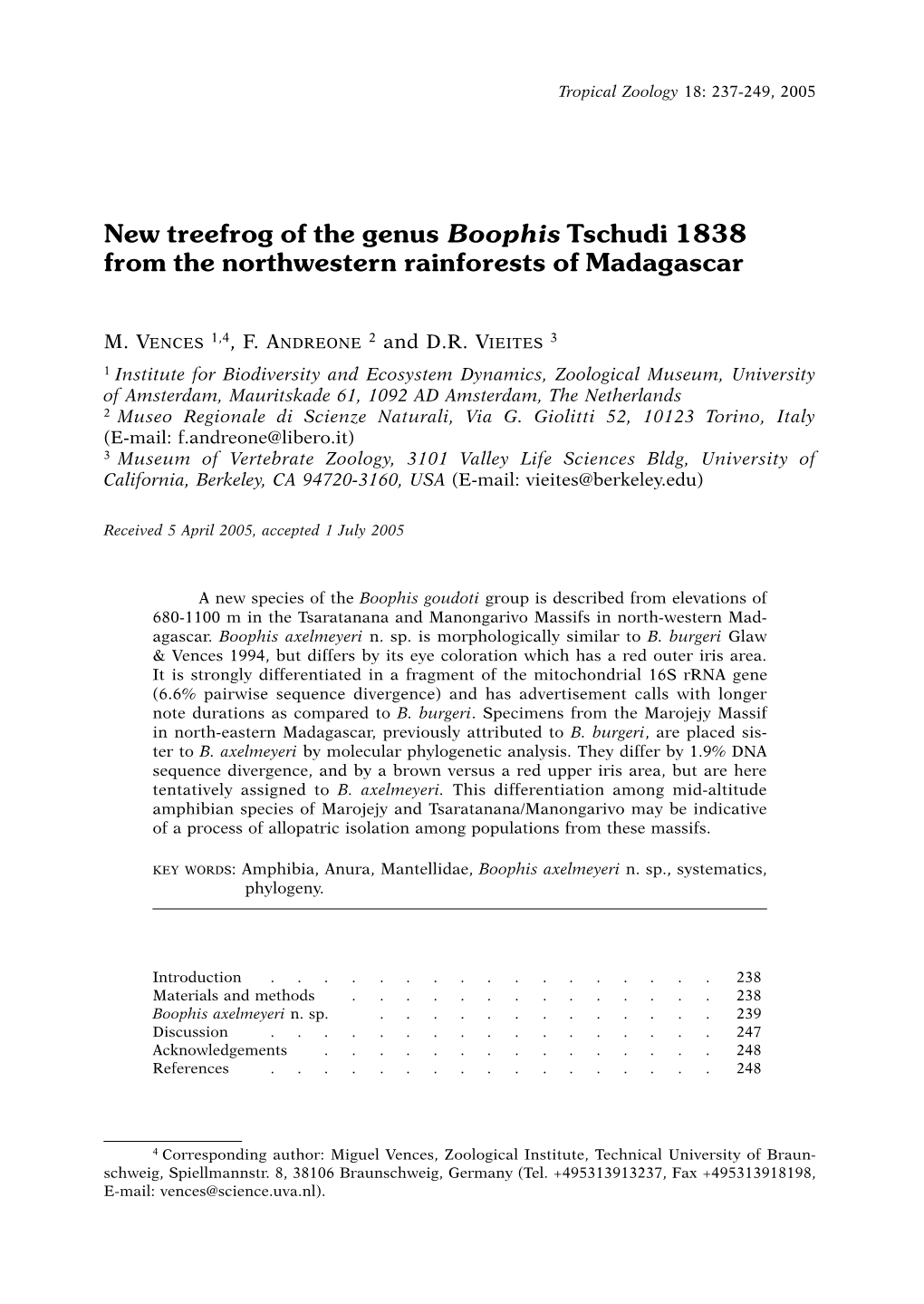 New Treefrog of the Genus Boophis Tschudi 1838 from the Northwestern Rainforests of Madagascar