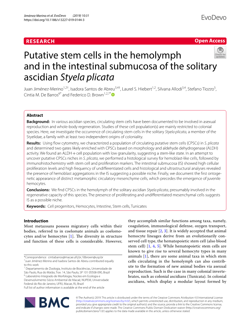 Putative Stem Cells in the Hemolymph and in the Intestinal Submucosa Of