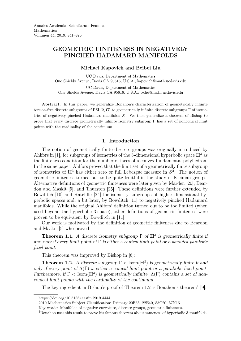 Geometric Finiteness in Negatively Pinched Hadamard Manifolds