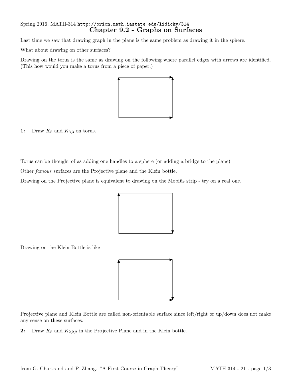 Chapter 9.2 - Graphs on Surfaces Last Time We Saw That Drawing Graph in the Plane Is the Same Problem As Drawing It in the Sphere