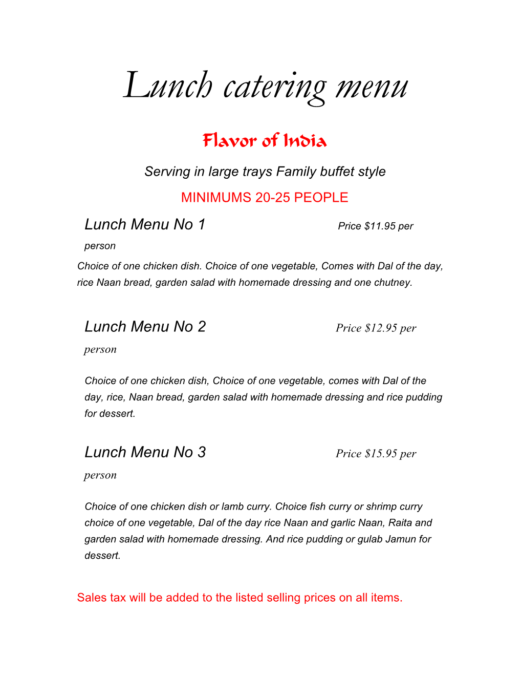 Lunch Catering Menu